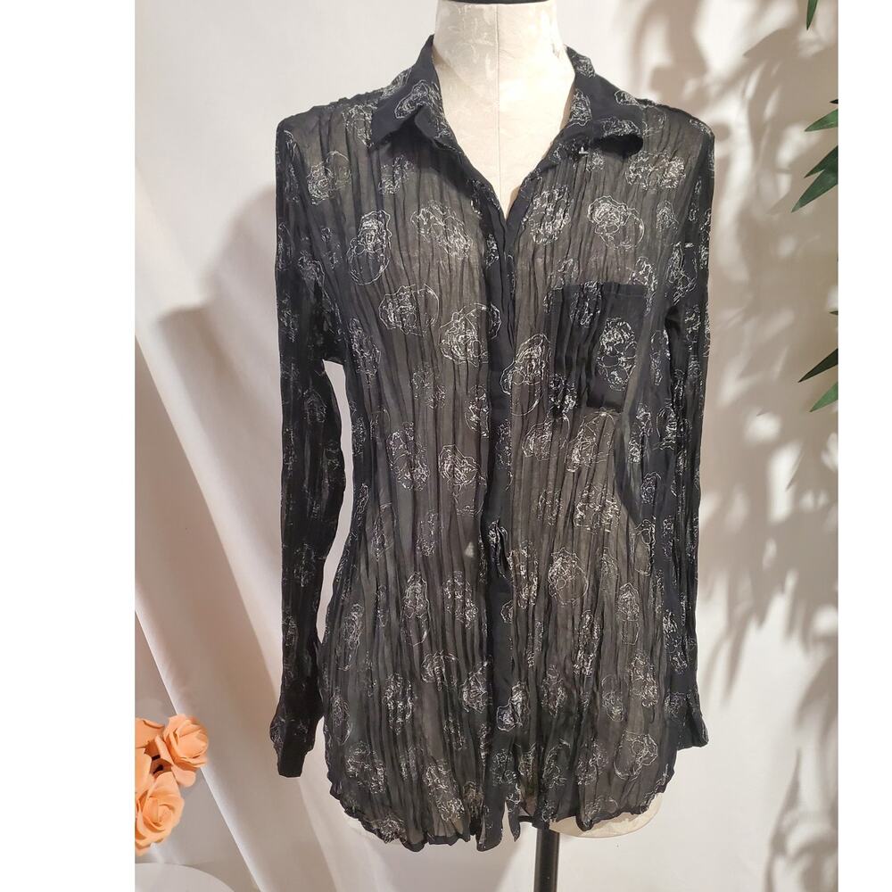 Rock & Republic Skull Sheer Button Up Blouse Top Size L Pocket Black Gothic